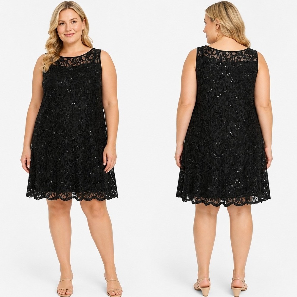 Black Lace Sequin Dress Sz14 Sleeveless Floral Sheath LBD Party Cocktail Festive